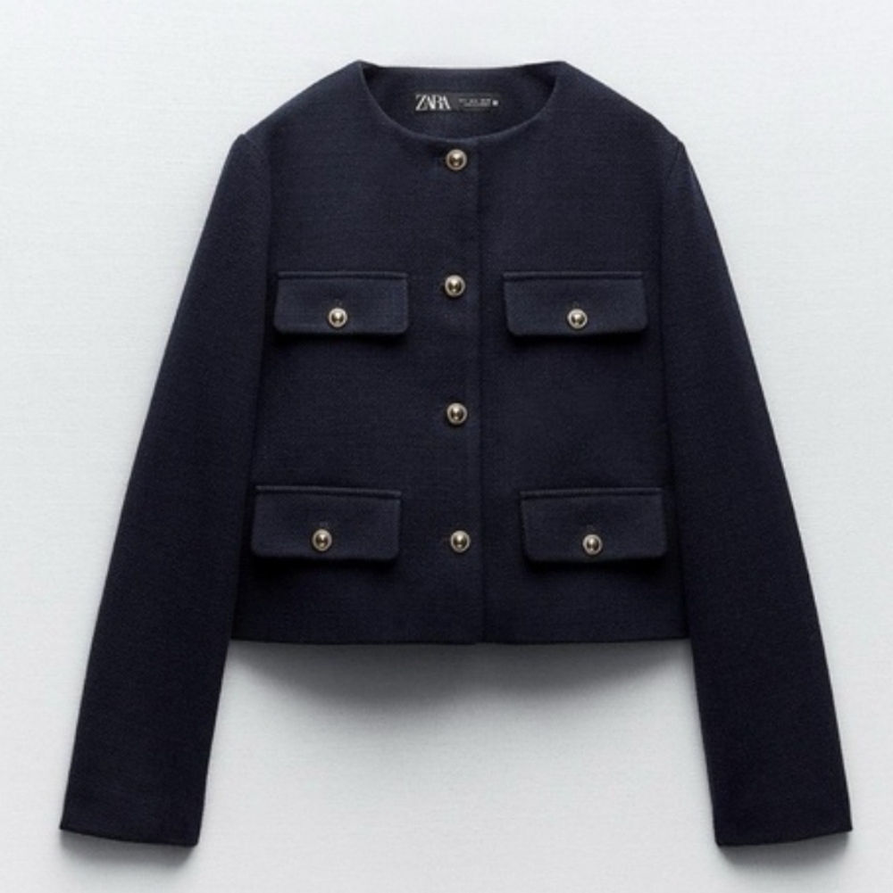 Zara textured tweed  jacket blazer navy blue size M - Picture 11 of 12